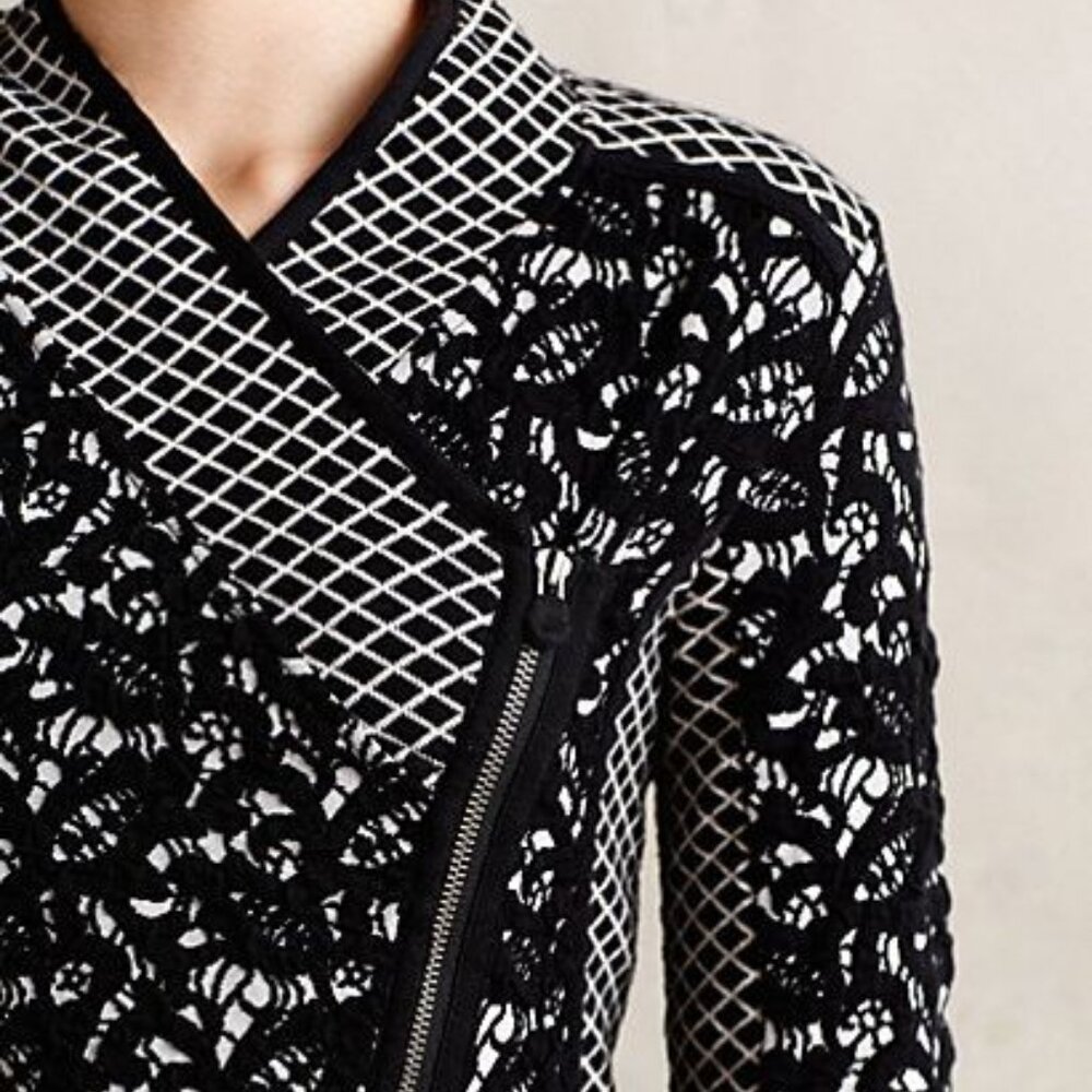 ANTHROPOLOGIE Jacquard Moto Cardi Black Grey Asymmetrical Knit Jacket - Picture 3 of 3